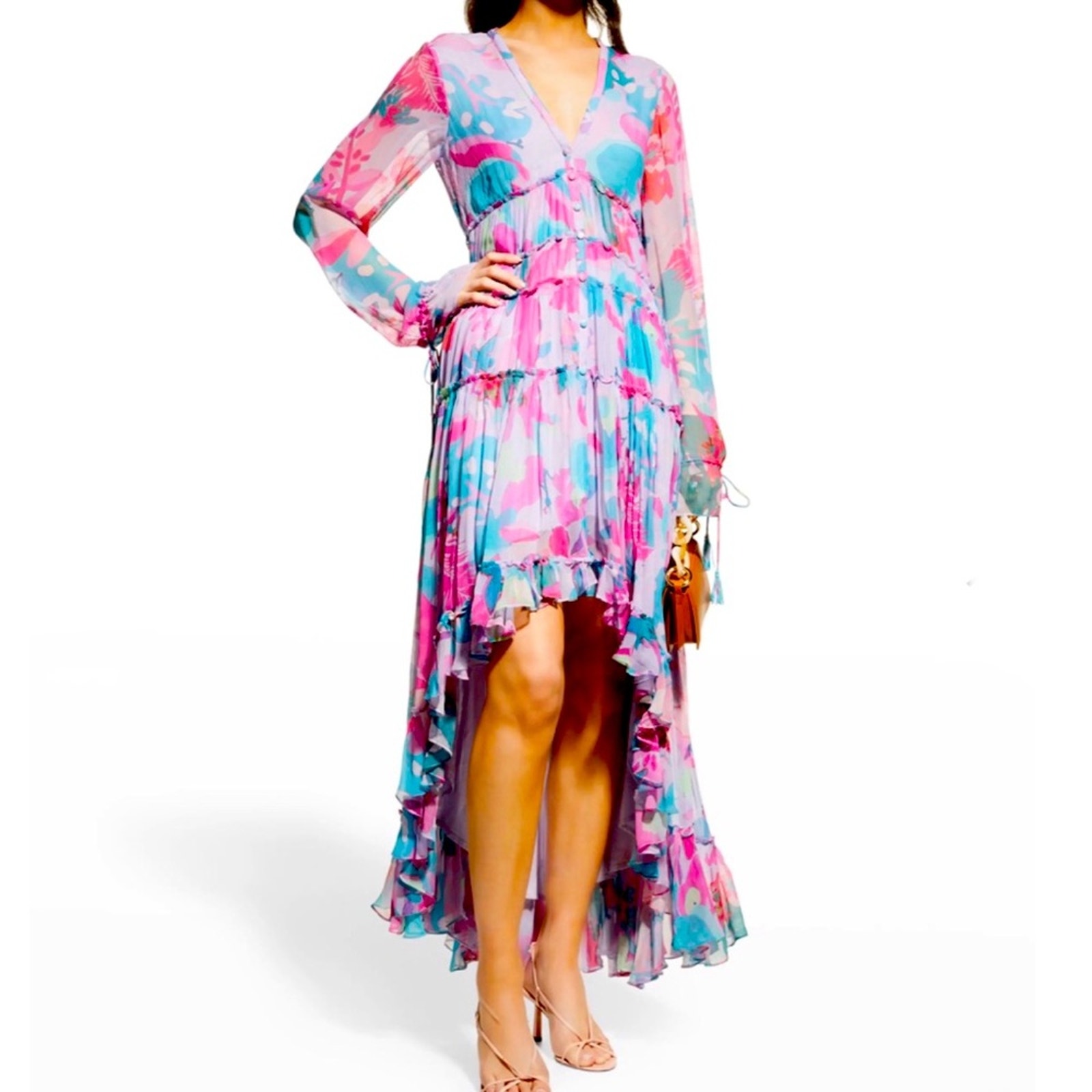 Rococo Sand Floral Print Lilac Chiffon High-Low Maxi Dress Size Xs